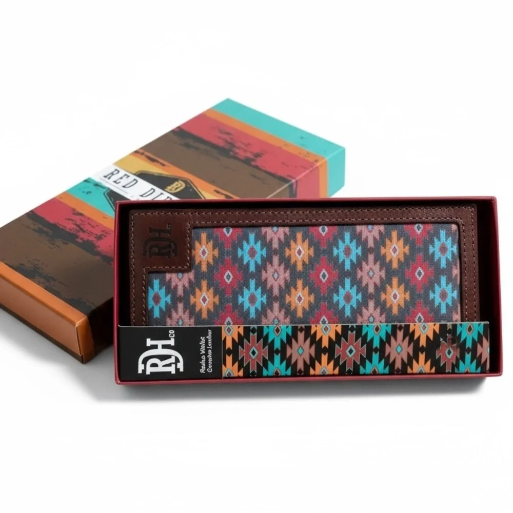 New Red Dirt Western Wallet Mens Rodeo Leather Southwestern Canvas Inlay Aztec
